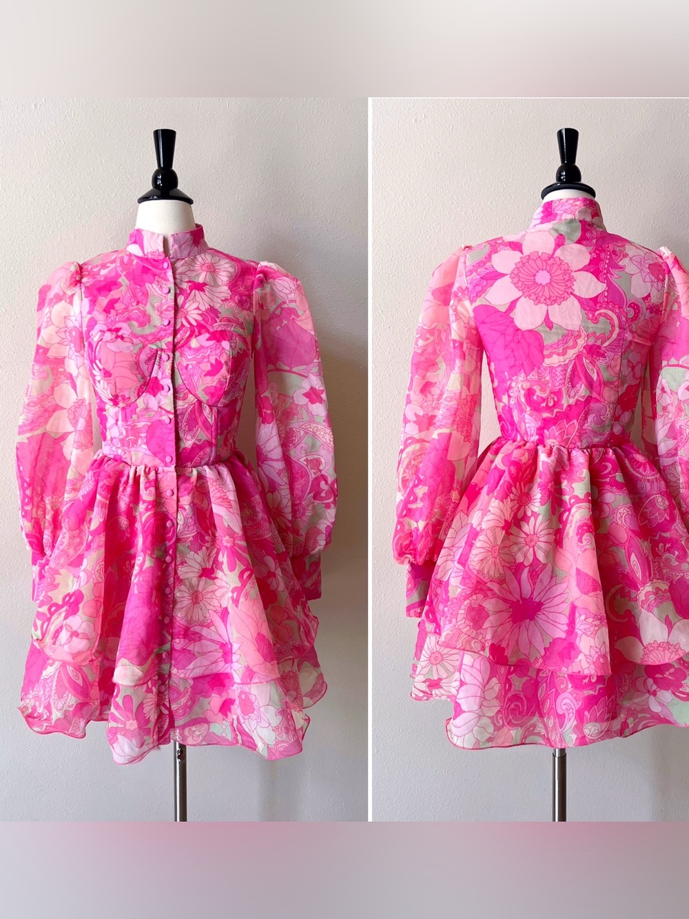 ASOS Luxe Tiered Mini Swing Dress 4 Pink Flower Power Daisy Chiffon Long Sleeves